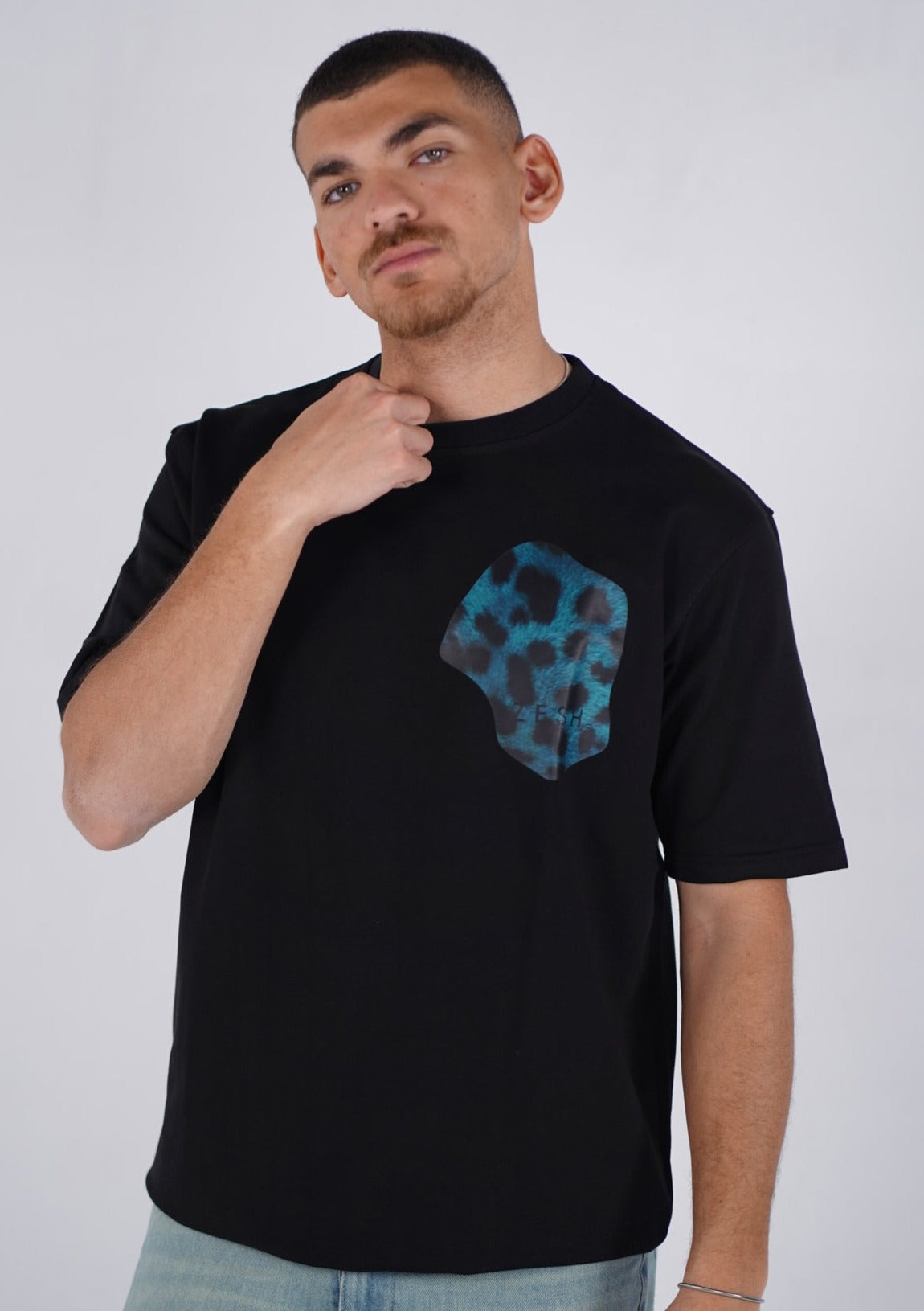 Teal leopard Black Tee