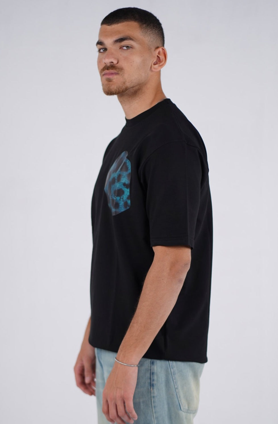 Teal leopard Black Tee