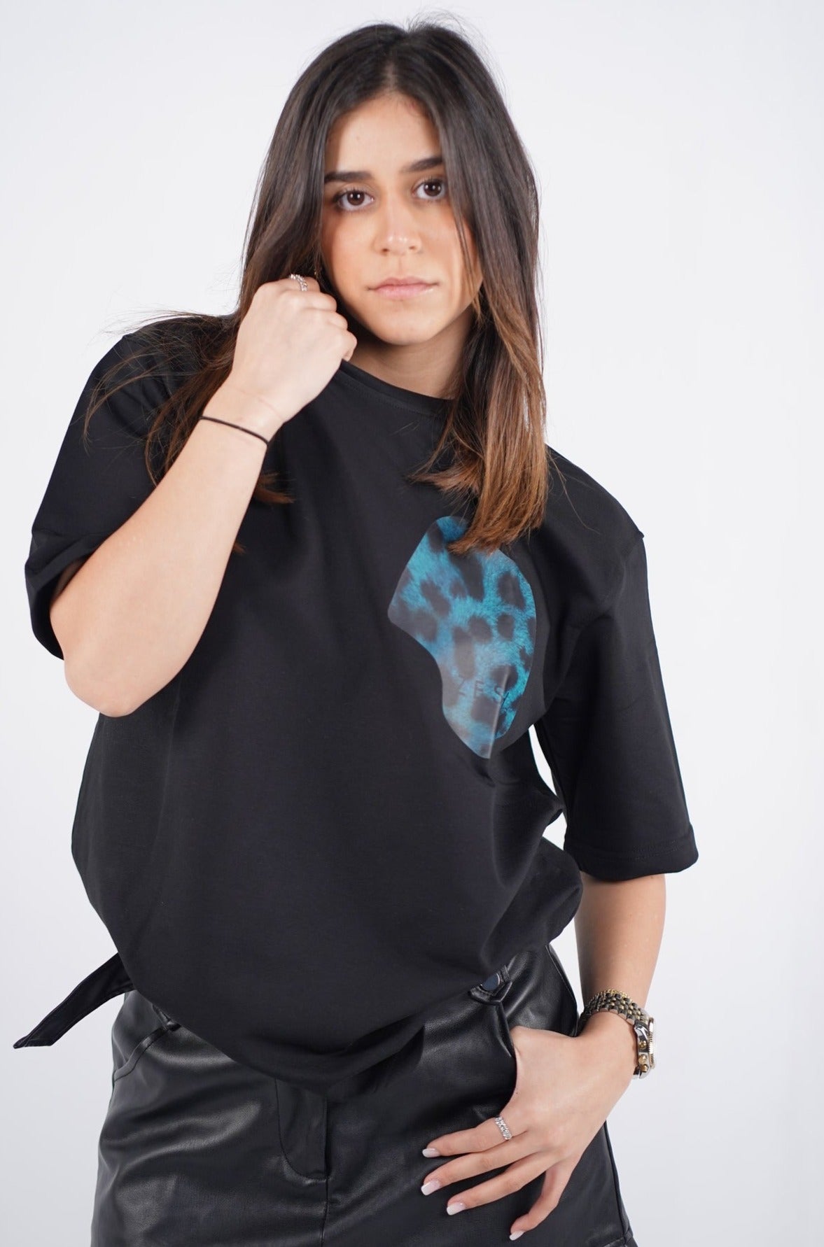 Teal leopard Black Tee